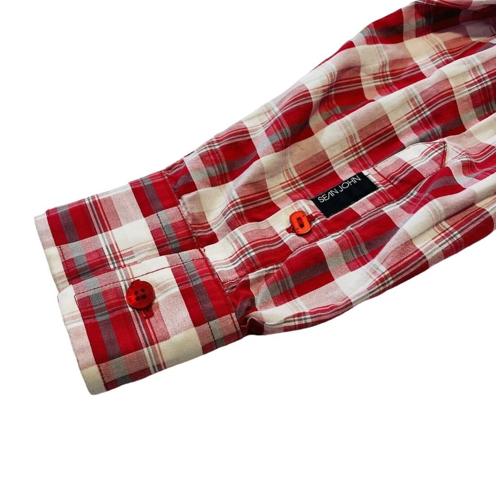 Sean John Shirt Mens Extra Large Red White Plaid Long Sleeve Button Up XL - Picture 7 of 8